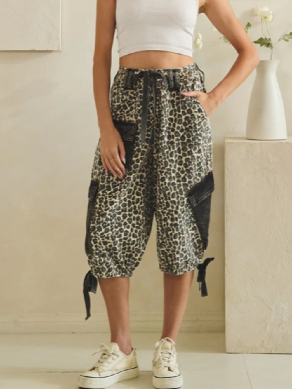 "The Sasha" Washed Animal Print Cargo Pants